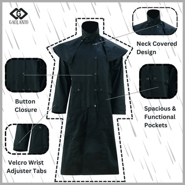 Gallanto Black Unisex Duster – Waterproof Long Coat for All - Weather Protection -